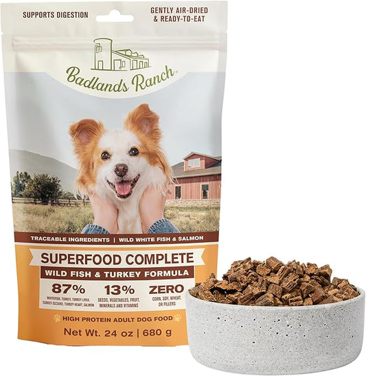 BADLANDS RANCH- Superfood Complete, Air-Dried Adult Dog Food - High Protein, Zero Fillers, Superfood Nutrition by Katherine Heigl (24 oz. Wild Fish and Turkey Formula)
