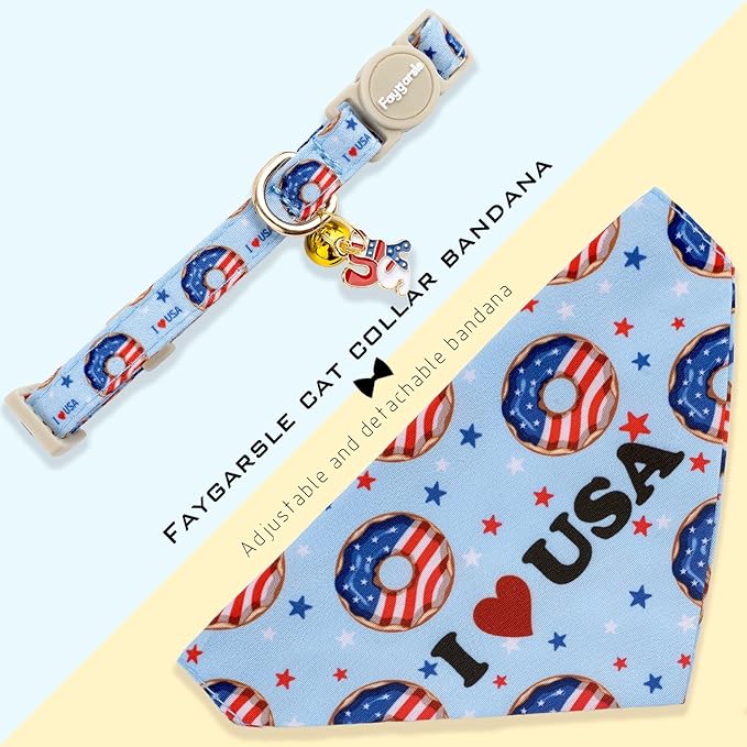 Faygarsle 2 Pack Patriotic Cat Collar Set with Bandana and Bow Tie, USA Flag Donuts Pattern, Light Blue