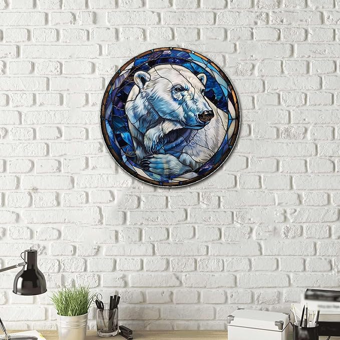 Lygond Metal Sign Tin Sign Circular Stained Glass Polar Bear2 Funny Sign For Garage 8×8 Inches