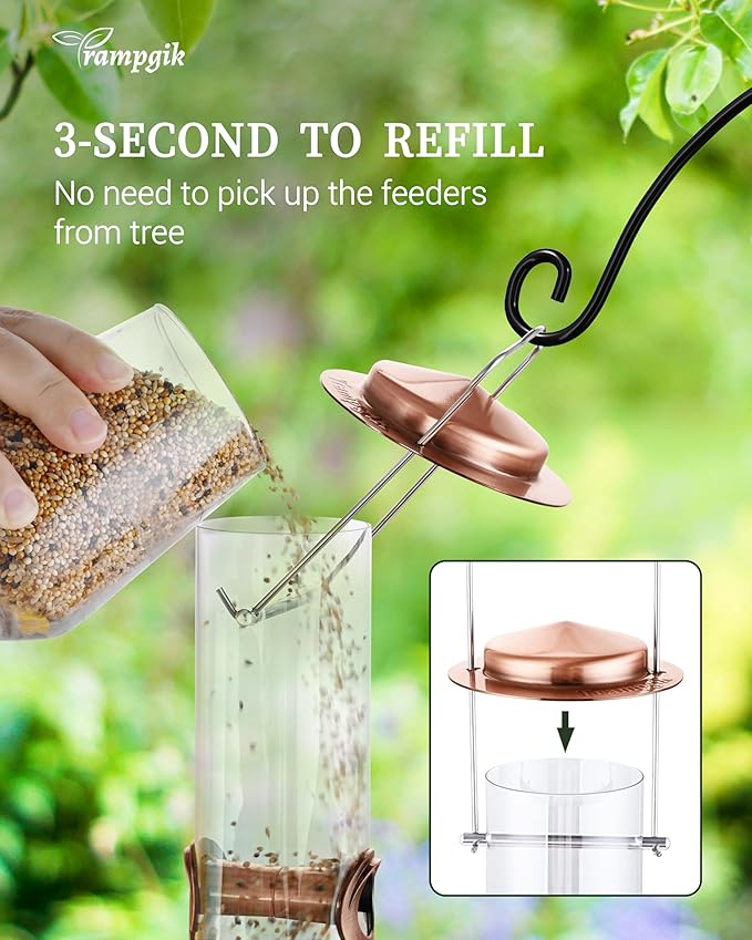 Bird Feeders for Outdoors,15 Inch 6 Ports Squirrel Proof Bird Feefers,Finch Feeder for Outside,Chew-Proof Metal Hanging Bird Feeder,Rust-Proof,Easy to Refill & Clean,Copper,Pack of 1