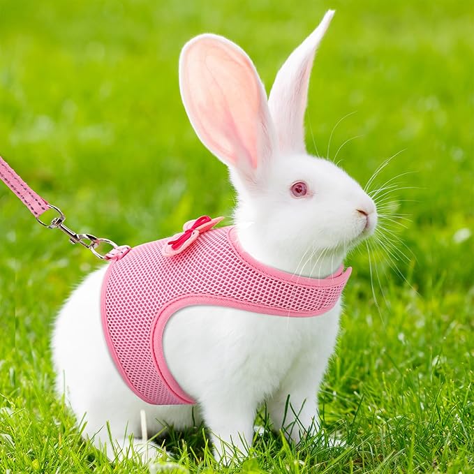 AIITLE Adjustable Rabbit Harness with Cute Bow - Breathable Vest, Anti-Escape Buckles, Reflective Leash for Training, Parties - Fits Rabbits, Hamsters, Mini Pets Pink L