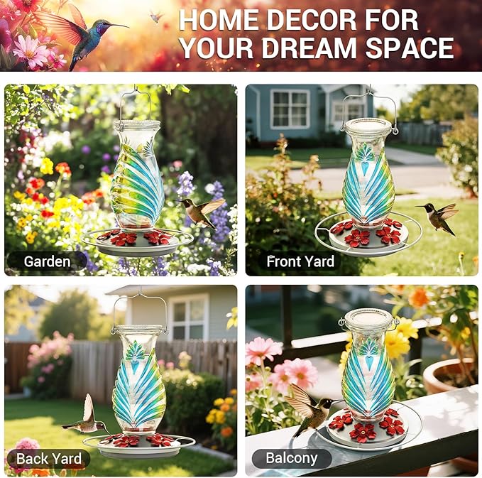 Hummingbird Feeder for Outdoors, 24oz Glass Nectar Feeder with Perch & 5 Flower Feeding Ports, Leakproof Hanging Bird Feeder for Garden Yard Decor, Outside Gifts for Women & Mom, Sky Blue
