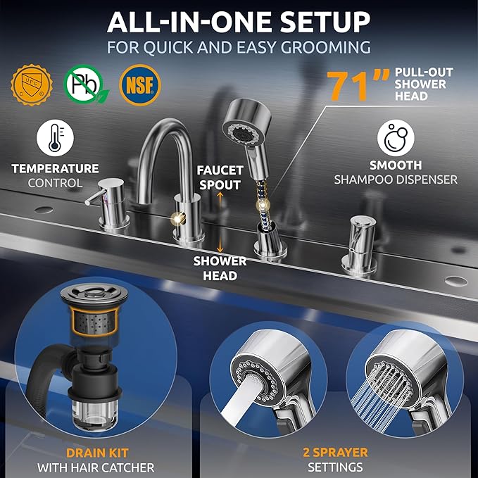 KANIS Professional Dog Washing Station - 304 Stainless Steel Pet Wash Sink & Grooming Bath Tub for Home with Ramp, Shower, Floor Grate, Storage Drawers, and Faucet for Large, Medium & Small Pets