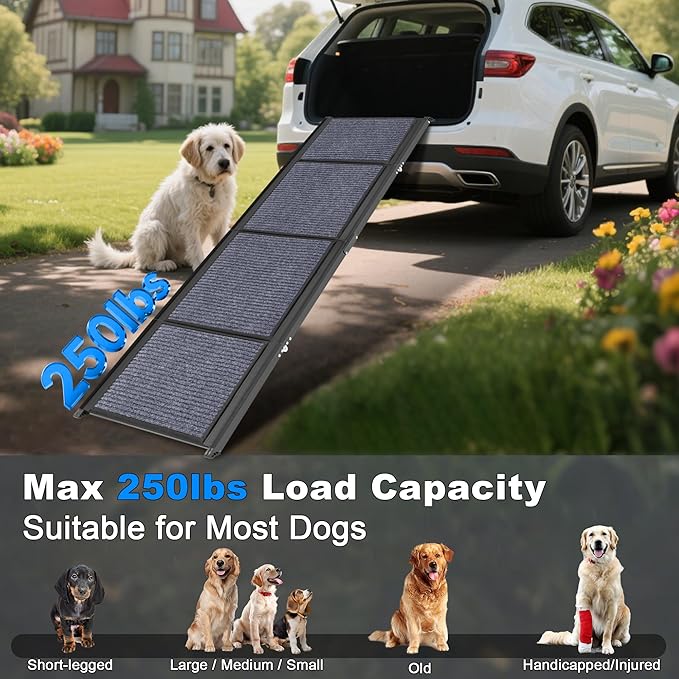 AQUILLA Dog Ramp for Car, 63" Folding Portable Dog Ramp with Non-Slip Rug Surface, Extra Wide Pet Ramps for Cat & Dogs Get on Bed, Cars, Stairs,Pick Up Trucks, Up to 250LBS (63" L x 17.3" W)