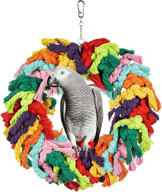 Parrot Swing for Large Birds - Colorful Cotton Rope Hanging Ring Toy for African Grey, Cockatoo, Conure, and Parakeet | Chewing, Exercise, Climbing, and Snuggling
