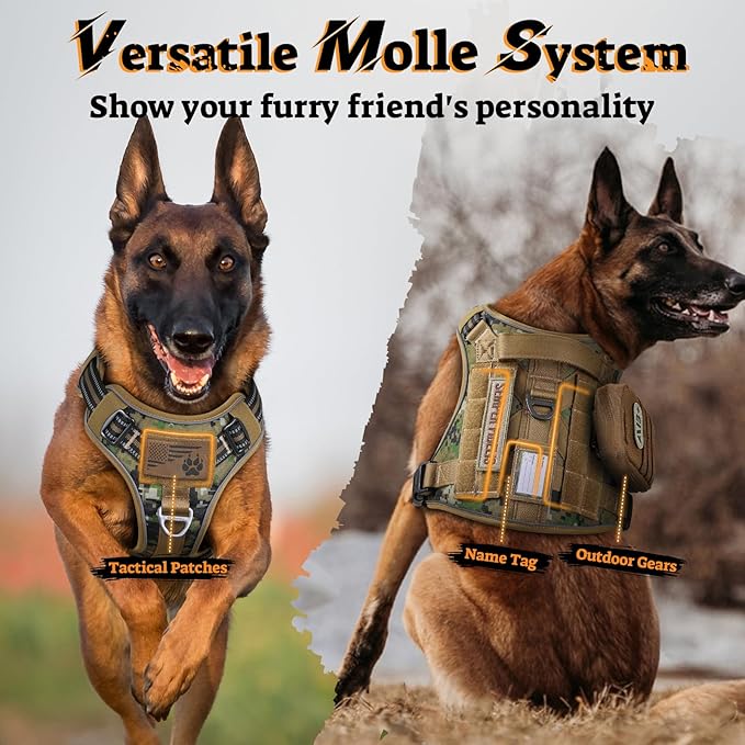 rabbitgoo Dog Harness Medium Sized No Pull, Tactical Service Pet Vest with Molle and Control Handle, Adjustable and Reflective Military Harness for Easy Walking and Training, Brown camo, M