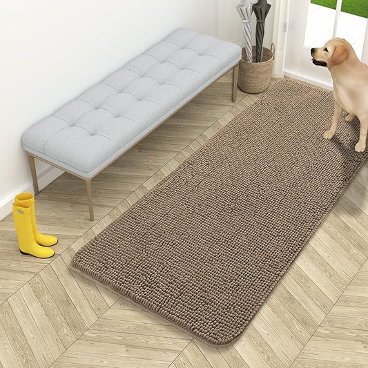OLANLY Dog Door Mat for Muddy Paws 54x24, Absorbs Moisture and Dirt, Absorbent Non-Slip Washable Doormat, Quick Dry Chenille Mud Mat for Dogs, Entry Indoor Entryway Carpet for Inside Floor, Tan