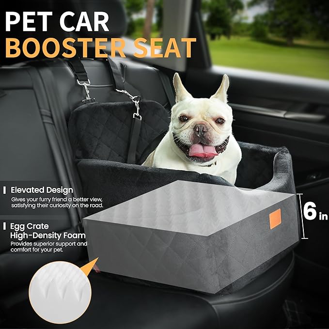 Dog Car Seat for Small Dog with Washable Mat, Memory Foam Booster Seat for Dogs Under 30lb, Elevated Pet Seat with Pockets, Anti-Slip Bed for Car, Perfect for Front & Back Seats with Safety Leash