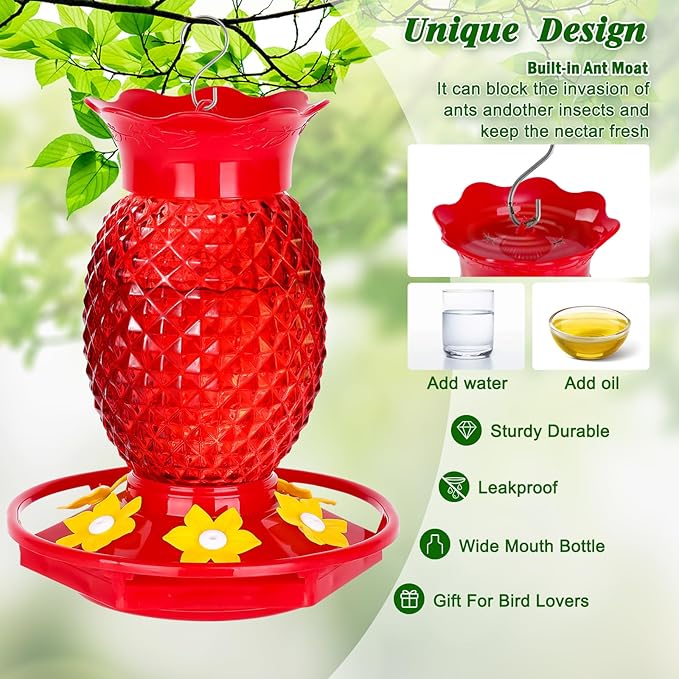 Glass Hummingbird Feeders for Outdoors Hanging Ant and Bee Proof 16OZ 2 Pack Red Pineapple Humming Bird Feeder with 6 Feeding Ports and Ant Moat Hummingbird Gifts for Women Garden Decor