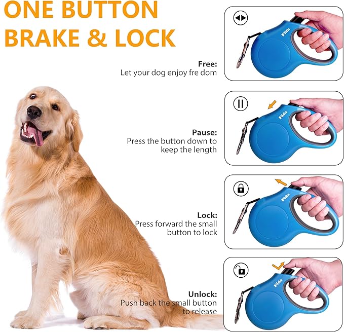 Fida Retractable Dog Leash with Dispenser and Poop Bags, 16 ft Pet Walking Leash for Large Dog up to 110 lbs, Anti-Slip Handle, Tangle Free, Reflective Nylon Tape (L, Blue)