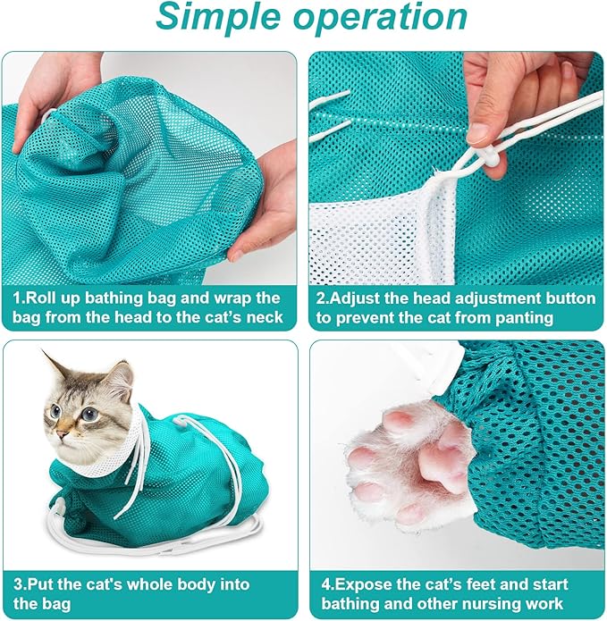 Breathable Mesh Shower Bag - Anti Scratch Adjustable Grooming for Nail Trimming, Bathing - Polyester Soft Cat Washing (White-Green)