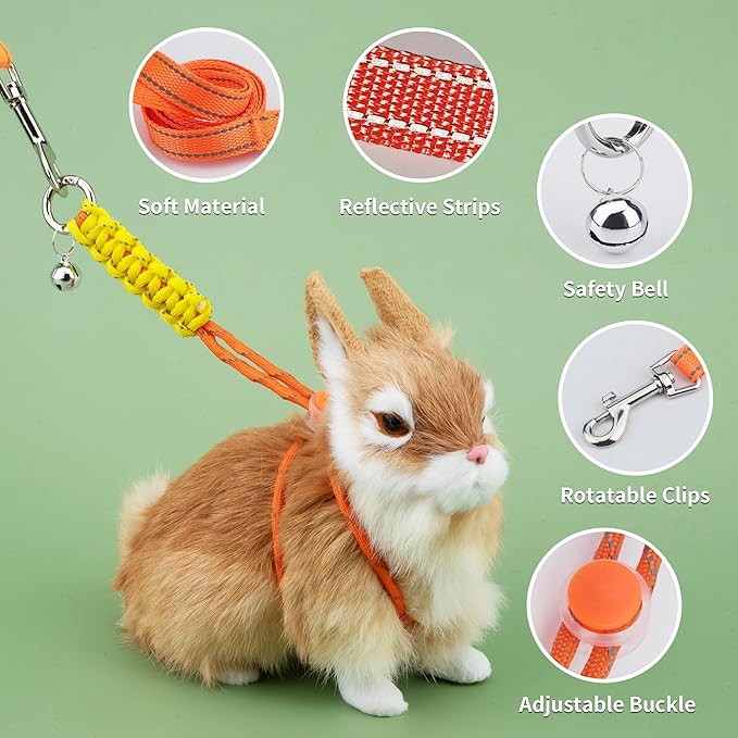 2pcs Figure 8 Harness and Leash with Reflective Strap and Bell for Ferrets, Rabbits, Bearded Dragon, Guinea Pig, Chinchilla and Hamster Small Animal Harness (Blue+Orange)