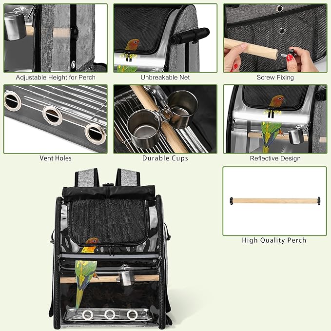 Sanmoncare Bird Carrier Backpack with Stainless Steel Mesh, Parrot Travel Cage with Stand, Easy to Clean, Portable Conures Travel Bag, Pet Breathable Travel Cage