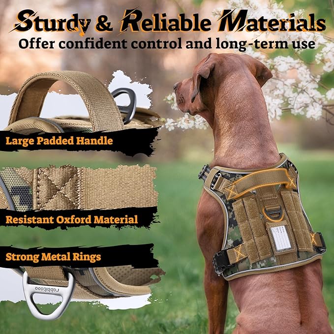 rabbitgoo Dog Harness Small Sized No Pull, Tactical Service Pet Vest with Molle and Control Handle, Adjustable and Reflective Military Harness for Easy Walking and Training, Brown camo, S