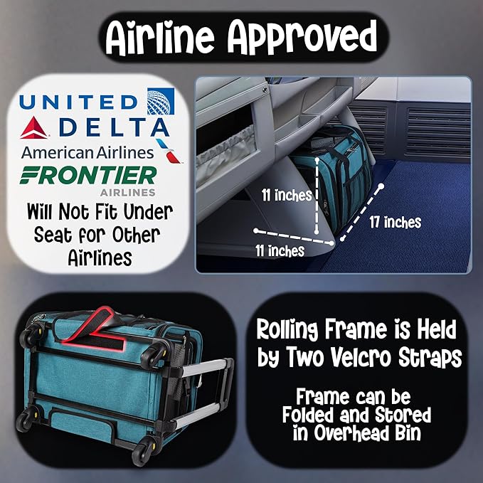 Pet Carrier with Wheels | United Delta American Frontier Airline Approved | Two Expandable Sides, Storage Pockets Adjustable Leash | Rolling Dog and Cat Carrier TSA Compliant (Blue 17x11x11)