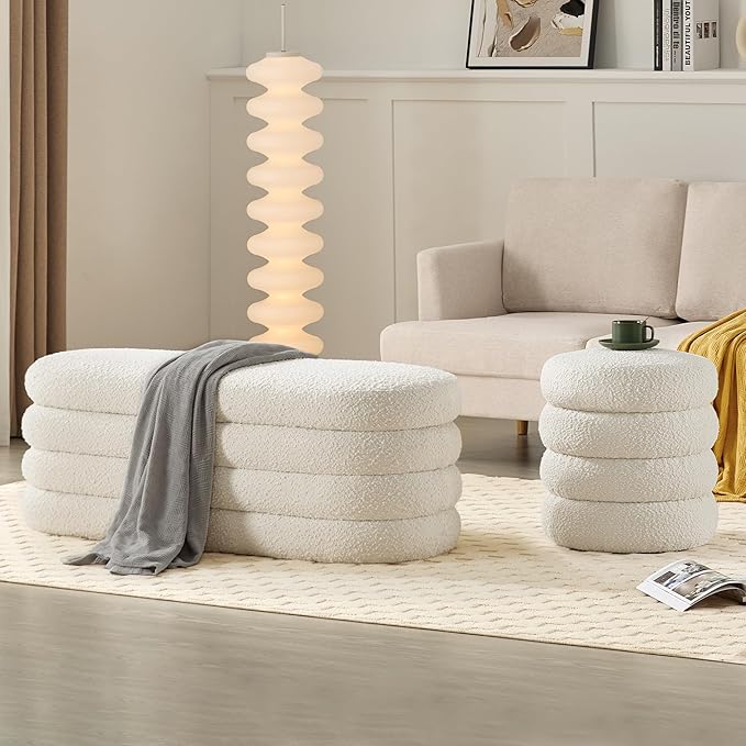 Storage Ottoman Bench 49.2 Inch Upholstered Fabric Storage Bench for Bedroom End of Bed Aesthetic Large Oval Ottoman for Living Room Entryway (Ivory)