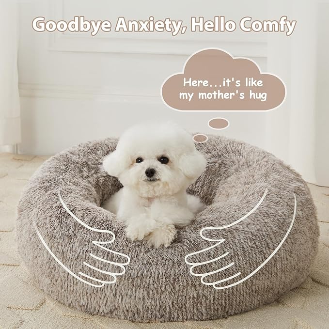 WNPETHOME Calming Dog Bed Cat Bed Donut, Faux Fur Pet Bed Self-Warming Donut Cuddler, Comfortable Round Plush Dog Beds (20 x 20 inch, Light Coffee)