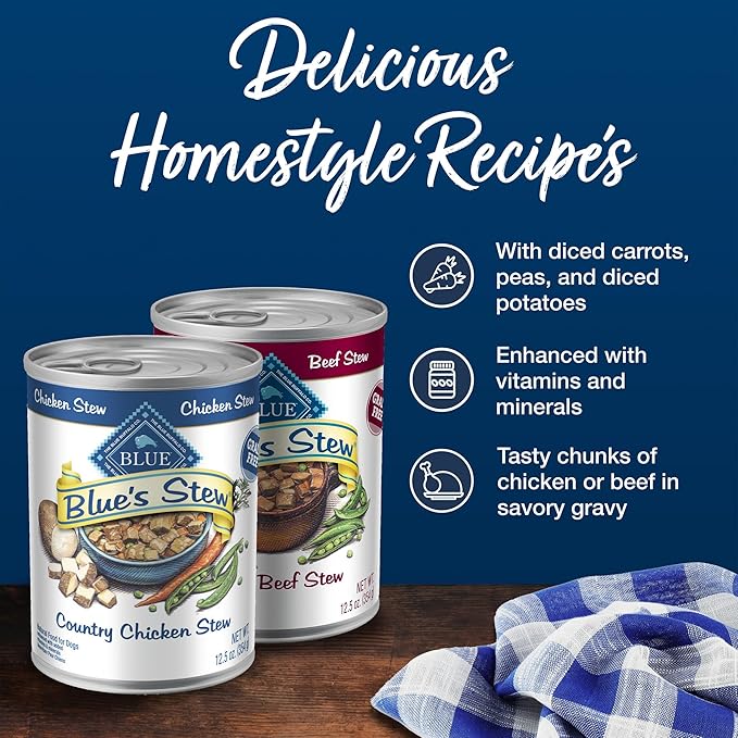 Blue Buffalo Blue's Stew Natural Wet Dog Food, Made with Natural Ingredients, Hearty Beef and Country Chicken Variety Pack, 12.5-oz Cans, 6 Count