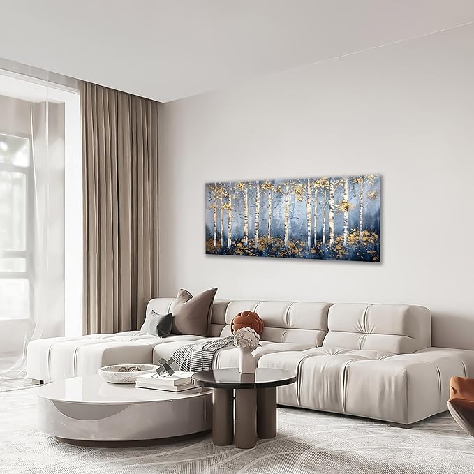 Large White Birch Wall Art Forest Golden Leaves Canvas Living Room Nature Landscape Pictures Framed Prints Oversize Wall Decor Painting Artwork for Bedroom Dining Home 60"x30"
