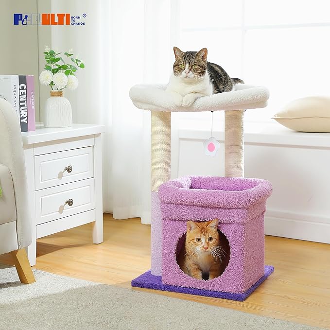 PEQULTI Cat Tree Flower Cat Tower for Indoor Cats with Private Cozy Cat Condo, Natural Sisal Scratching Posts and Plush Pom-pom for Small Cats, Purple