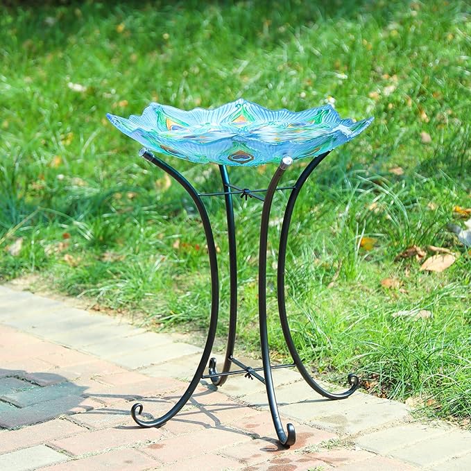 MUMTOP Outdoor Glass Birdbath with Metal Stand for Outside Yard Garden Decor, 18 inch Diameter Peacock Bird Baths Bowl for Outdoors, 21.65 inch Height
