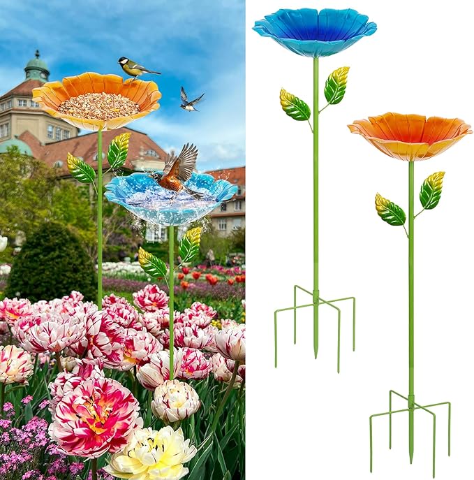 2 Pack Bird Bath for Outside, 31.3" H Metal Birdbaths, 10.63" Dia Garden Flower Bird Water Bowl, Freestanding Hummingbird Bath for Outdoors Garden Patio Yard Decor (Blue,Yellow)