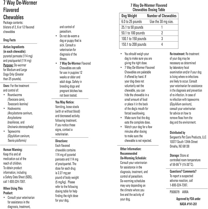 PetArmor 7 Way De-Wormer for Dogs, Oral Treatment for Tapeworm, Roundworm & Hookworm in Large Dogs & Puppies (Over 25 lbs), Worm Remover (Praziquantel & Pyrantel Pamoate), 6 Flavored Chewables