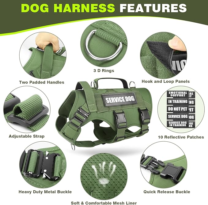 WINSEE Tactical Dog Harness with Dog Leash, Service Working MOLLE Vest with 10 Pet Patches for Dog, No Pull Military Harness and Backpack for Training Hunting Walking