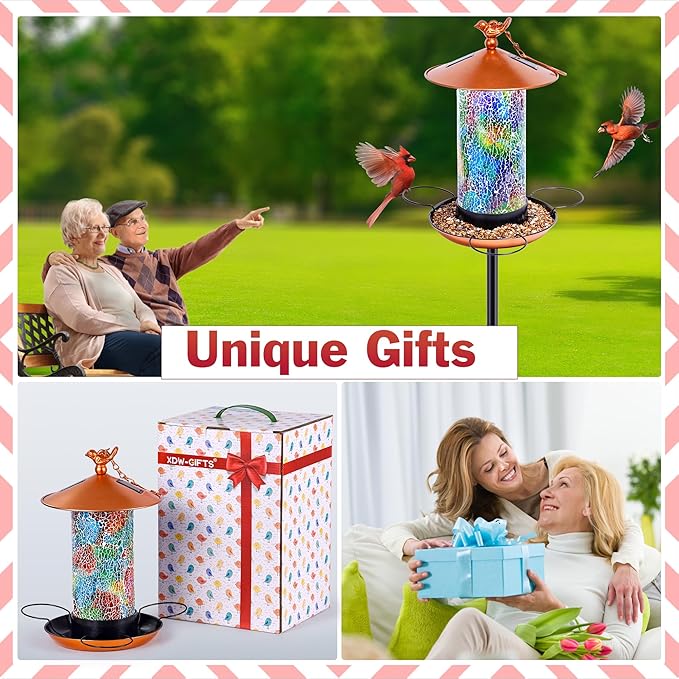 XDW-GIFTS Mosaic Solar Wild Bird Feeder with Pole Kit, Waterproof Lantern Design with Adjustable Heavy-Duty Bird Feeder Post for Outside, Garden- Unique Gifts for Mom,Women, Grandma,Bird Lovers