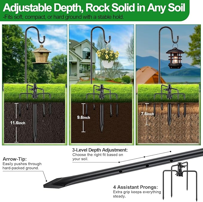 Hummingbird Feeder Pole - 62" Heavy Duty Bird Feeders Stand with Adjustable Anti-Tip Stake, Rustproof Shepards Hook with Hanger for Wind Chimes, Lanterns, Wreaths, Birdfeeders - Black