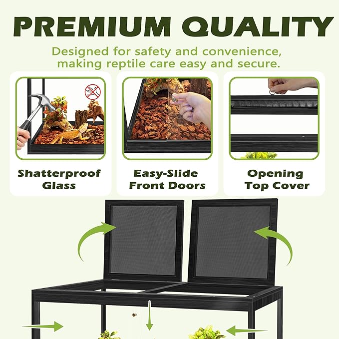 Prolee Tempered Glass Beard Dragon Tank 37 Gallons,Reptile Encloure and Snake Tank with Metal Mesh Roof Door,Locking Design Reptile Tank for Lizard,Gecko,Chameleon (32"X16"X16",Black)