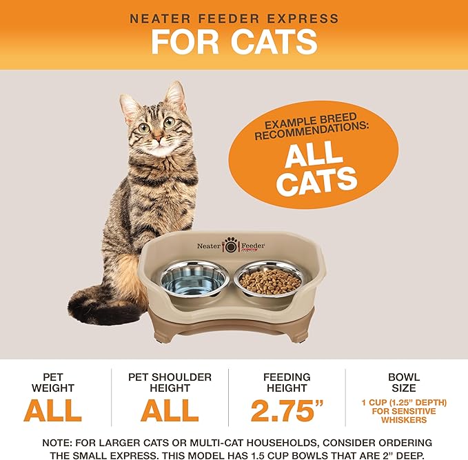 Neater Feeder Express Mess Proof Cat Bowls Elevated, No Spill Feeding Station, Stainless Steel Dishes for Food and Water, Raised Bowls for Indoor Cats, No Fatigue Whisker Friendly Dish, Cappuccino