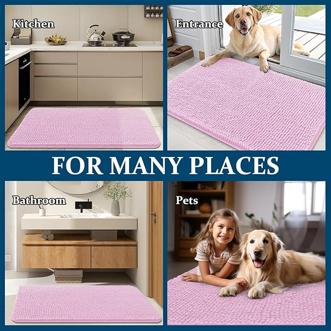 OLANLY Dog Door Mat for Muddy Paws 47x32, Absorbs Moisture and Dirt, Absorbent Non-Slip Washable Doormat, Quick Dry Chenille Mud Mat for Dogs, Entry Indoor Entryway Carpet for Inside Floor, Pink
