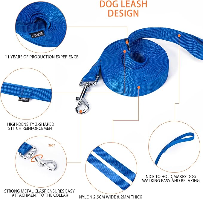 Strong Durable Nylon 15ft Long Dog Training Leash, Traction Rope, 1 Inch Wide, for Small and Medium Dog (Blue, 15 Feet)