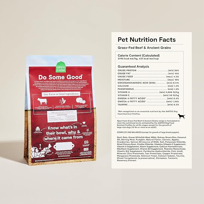 Open Farm, Ancient Grains Dry Dog Food, Protein-Rich & Nutrient Dense, 90% Animal Protein Mixed with Non-GMO Fruits, Veggies and Superfoods, Grass-Fed Beef Recipe, 4lb Bag