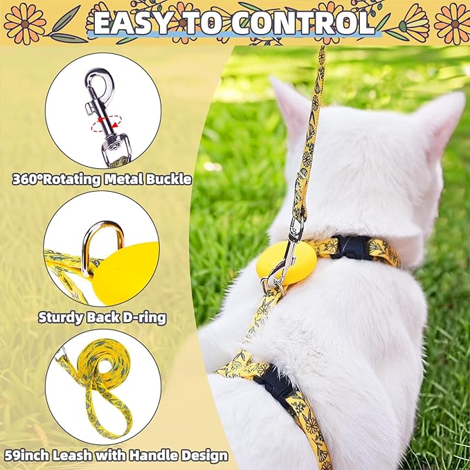 PUPTECK Adjustable Cat Harness and Leash Set Escape Proof Kitten Strap Collar for Walking Travel, Floral Pattern