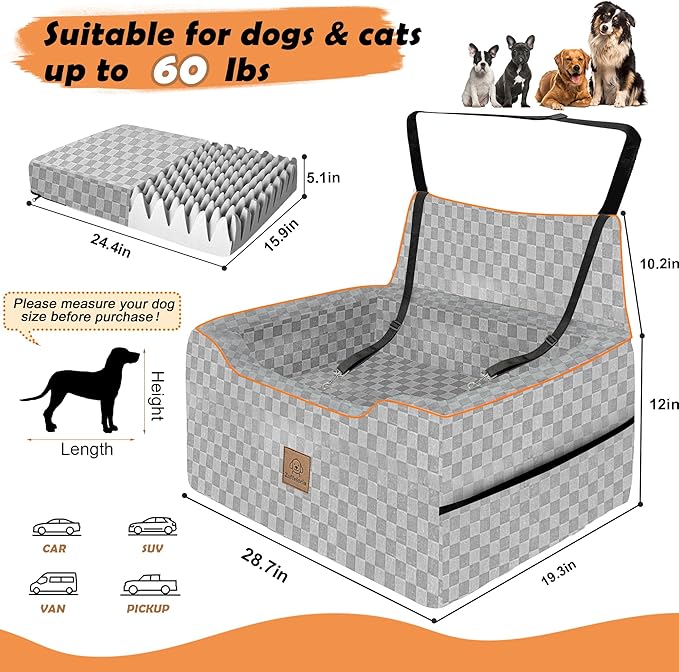 Large Dog Car Seat for Back Seat – Removable Dog Booster Seat & Washable Pet Car Seat for Medium & 2 Small Dogs up to 60lbs – Safety Straps & Storage Pocket – Travel & Home Use (Gray)