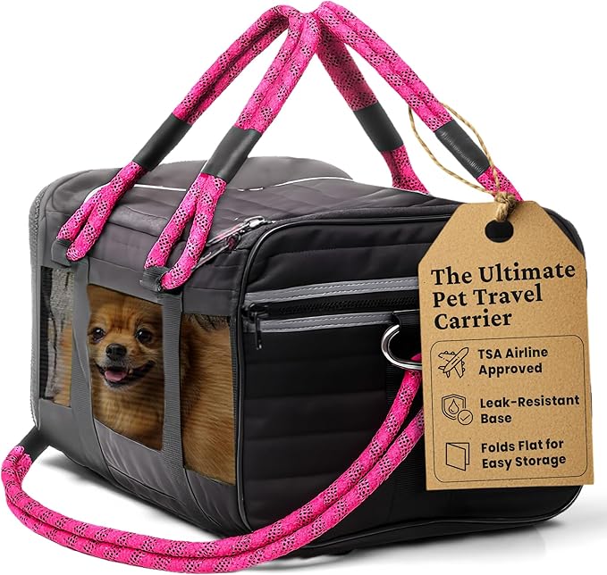 | TSA Airline Approved |Soft Sided Pet Carrier | Cat Carrier | Dog Carrier| Pets Up to 15 lbs | Leash & Luggage Strap | Black with Pink Handle
