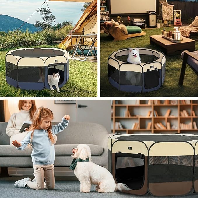 A4Pet Dog Playpen Indoor, 49” Pet Playpen with Bowl for Dogs, Kittens, and Small Animals, Removable Zipper & Mesh Panel(19”W × 12”H)
