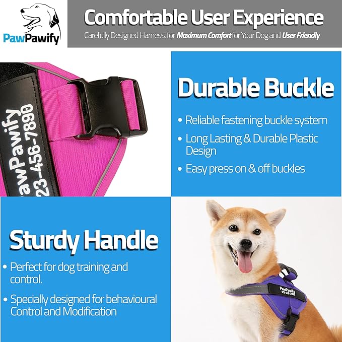 PawPawify Custom No Pull Dog Harness with Name and Phone Number, Heavy Duty Personalized Pet Vest to Prevent Tugging, Pulling, or Choking, Training and Walking (New Purple, S (Chest 16-21in))