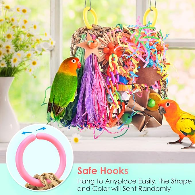 KATUMO Conure Toys, Bird Grass Mat Parakeet Shredder Hanging Toy Cockatiel Foraging Entertainments Parrot Climbing Wall Chewy Lovebird Cage Playthings for Small to Medium Birds