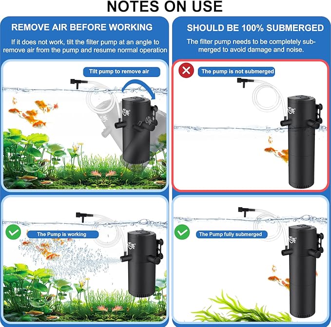 Aquarium Filter for 40-120 Gallon Tank, Fish Tank Filter with Wave-Maker Oxygenation Circulation, Adjustable Air Flow Filter for Freshwater & Saltwater, 4 in 1 Submersible Filter (12W)