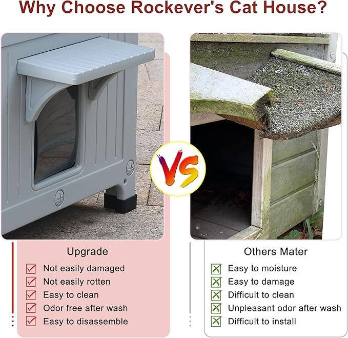 Rockever Plastic Insulated Outdoor Cat House with Escape Door, 2 Story Waterproof Cat House for Outdoor Cats for Feral Cats, Elevated Outside Cat Shelter, Clean and Assemble Easily
