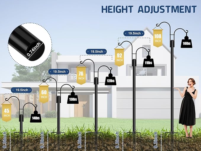 Ottsuls Double Shepherds Hooks for Outdoor, 2 Pack 108 INCH Bird Feeder Pole, Garden Pole with 5 Base Prongs Heavy Duty Planter Hooks for Hanging Plant Baskets, Lantern, Hummingbird Feeder