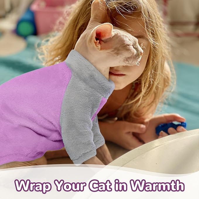 PUMYPOREITY Turtleneck Sweater for Sphynx Cat, Soft Coral Fleece Cat Clothes, Thick Winter Warm Outfit Coat with Sleeves, XS, Purple