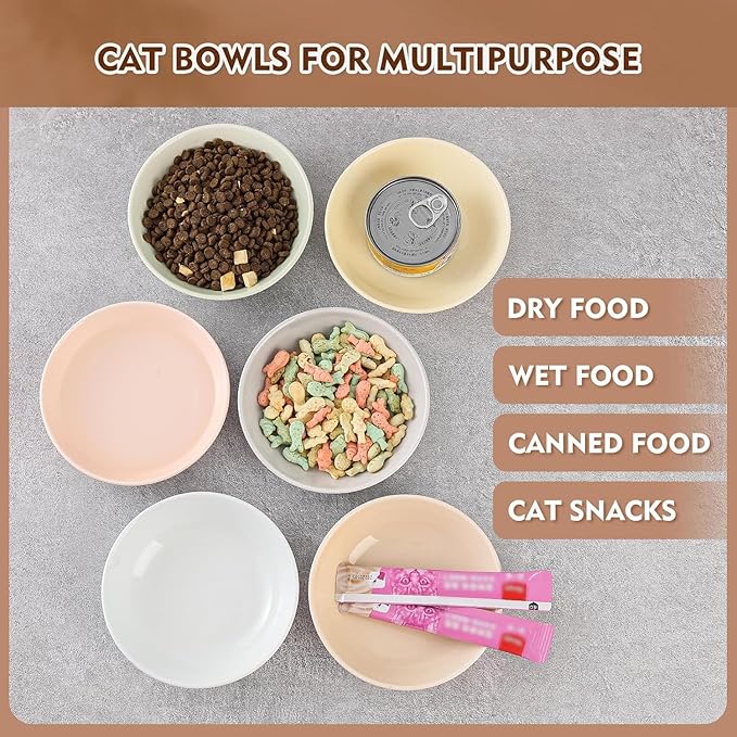 Ceramic Cat Food Bowl Set - 5.75 inch Colorful Cute Cat Dishes with Non Slip Pads - Wide Shallow Whisker Friendly - Microwave and Dishwasher Safe - 6 Pack - 8.5 oz