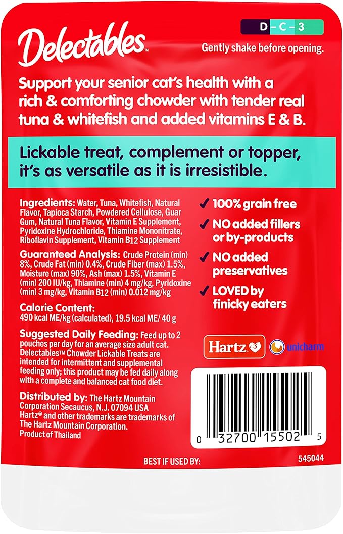 Hartz Delectables Chowder Lickable Wet Cat Treats for Senior Cats, Tuna & Whitefish, 1.4 Ounce (Pack of 12)(Packaging May Vary )