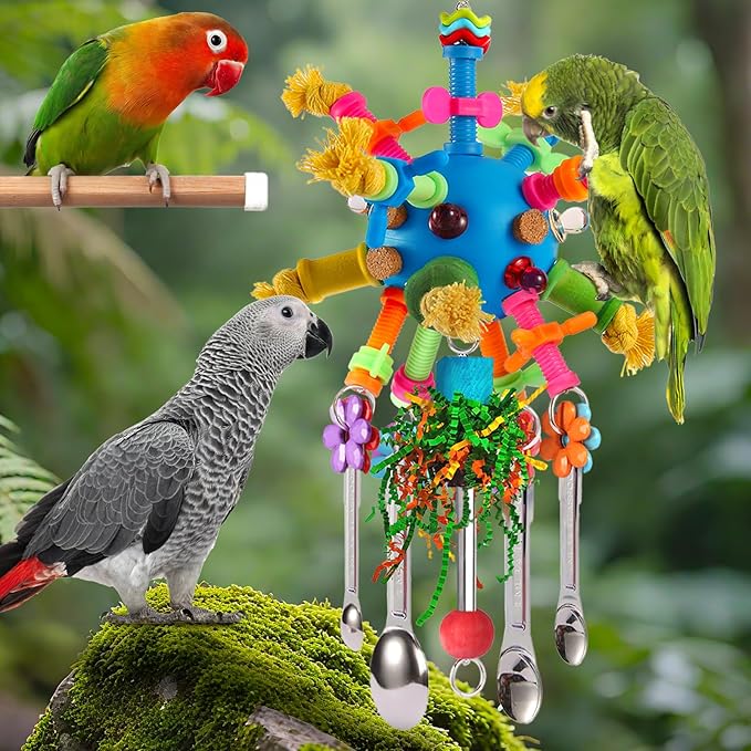 Parrot Toys Bird Toys Perch Pullable Stainless Steel Spoons Colorful Acrylic Stick Chew Toys for Amazons Mini Macaws African Greys Cockatoos Conures, Cockatiels, Lovebirds, Parrotlets and Other (blue)