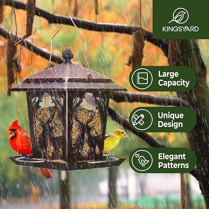 Kingsyard Metal Bird Feeder for Outdoor Hanging - Unique Design Wild Bird Hopper Feeder with 4 Perches and Rainproof Roof, Antique Copper
