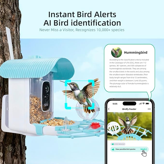 Bird Feeder with Camera, Smart Bird Camera with AI Identify BirdSpecies, Auto Record BirdVideo, Instant Notifications, 2K Video Live Stream Camera with Solar Panel for Birds Lover (Blue)